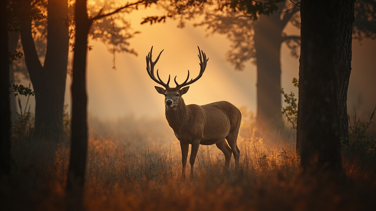 Cerf rouge majestueux en forêt au lever du jour